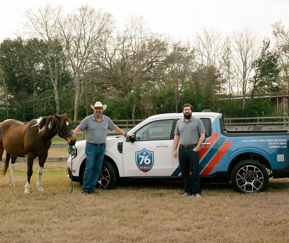 Owner Bryan Hayes and general manager Byron Dean beside a 76 Fence truck
