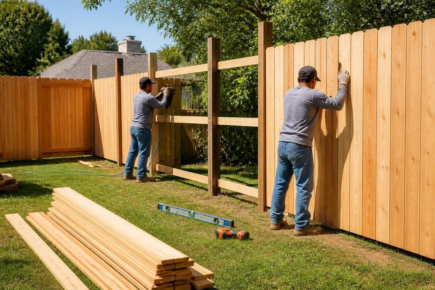 Crew building a new wood fence