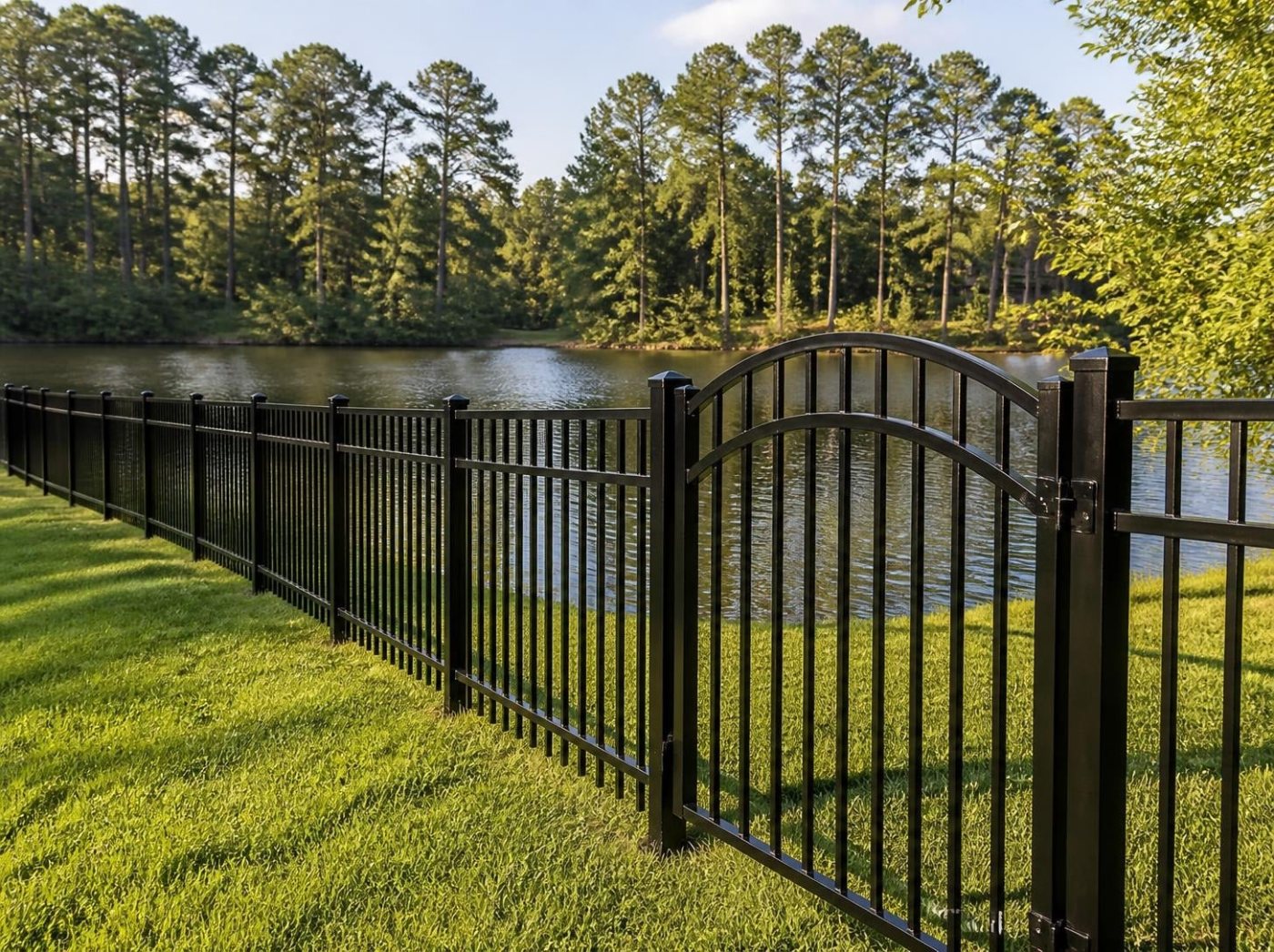 New black ornamental aluminum fence beside a pond