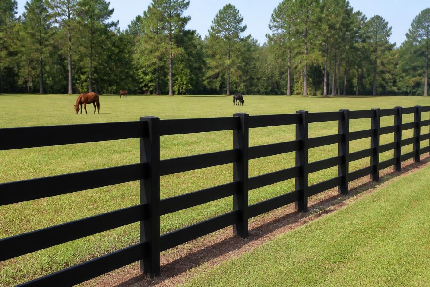 New black four-board ranch fence along a pasture