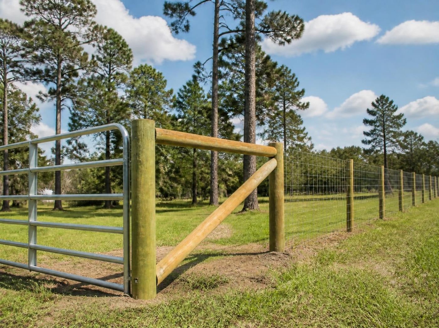 Ranch fence with an H-brace among pine trees