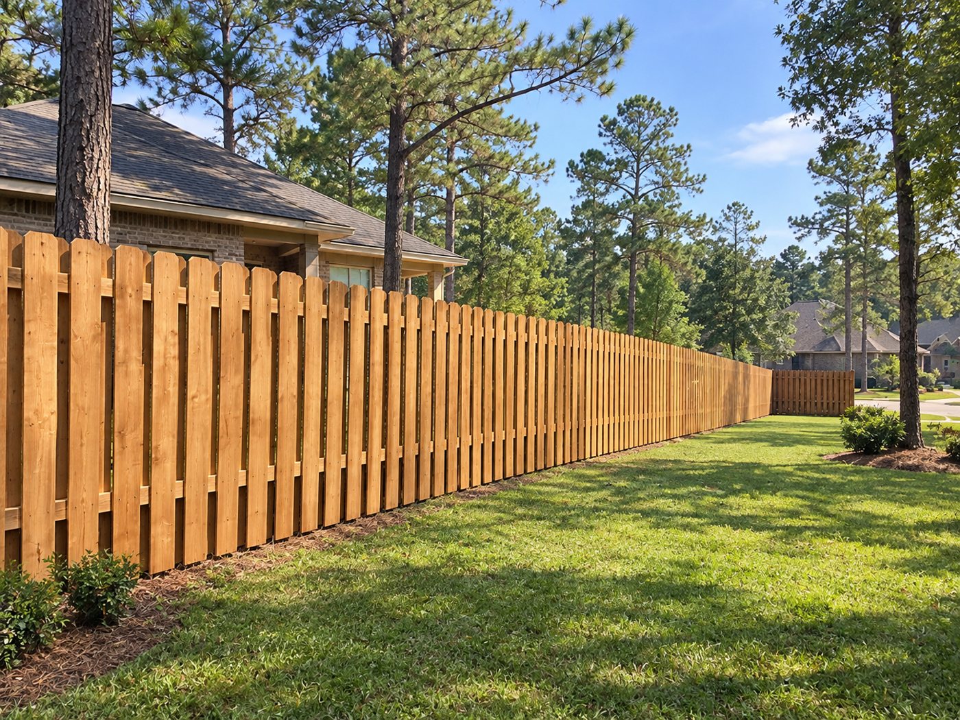 New shadowbox cedar fence along a backyard lined with tall pine trees