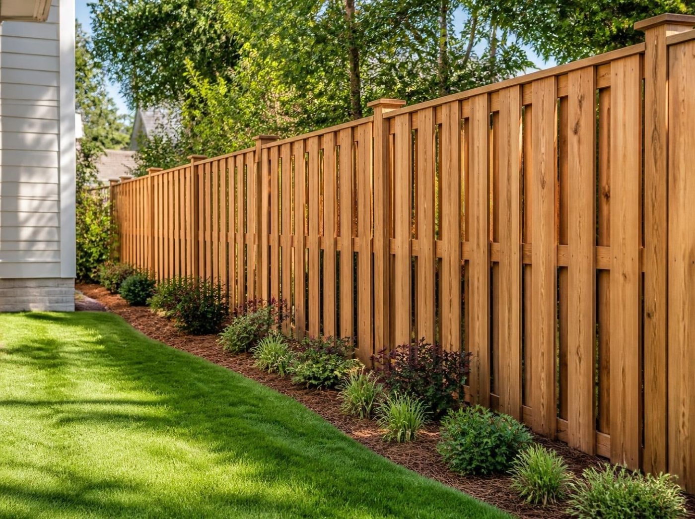 New shadowbox cedar fence along a side yard