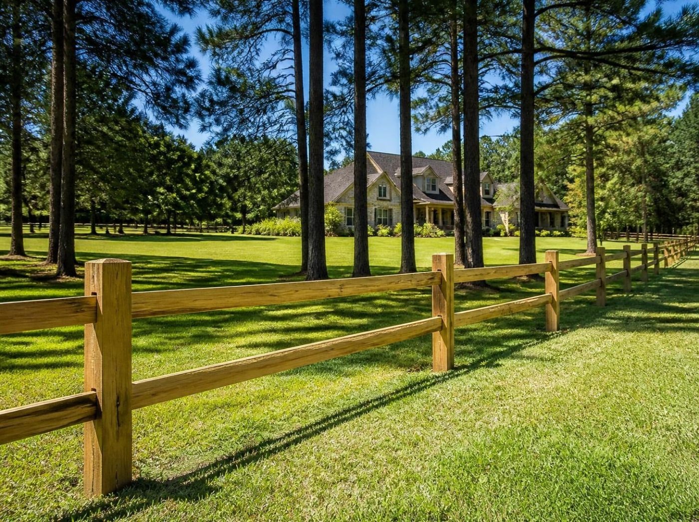 Split rail fence under pines
