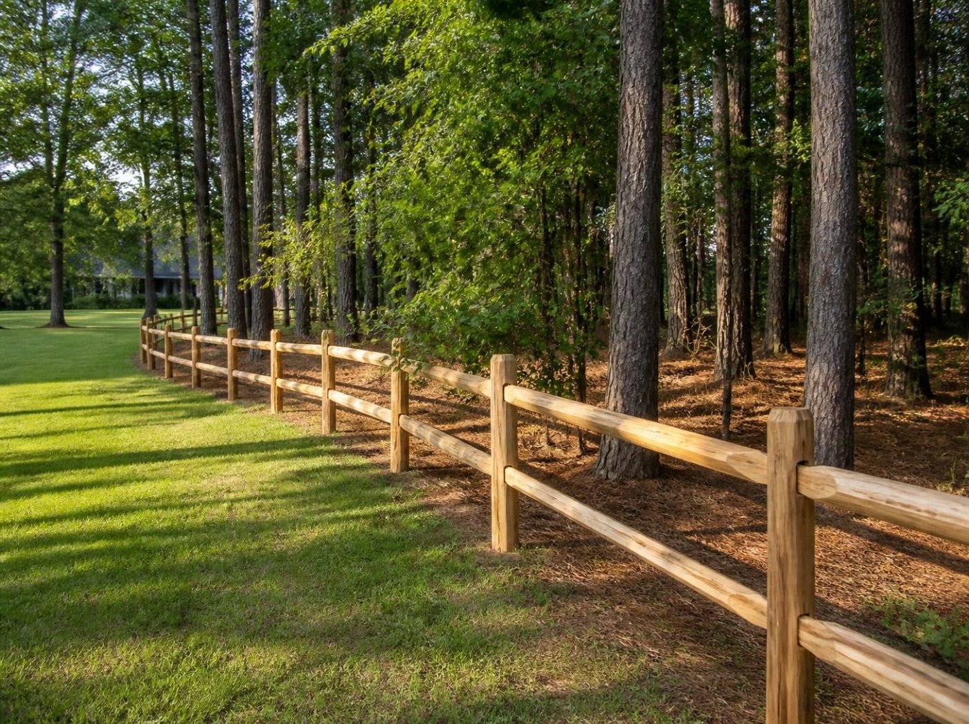 Split rail fence in a wooded yard